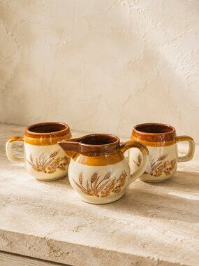 Vintage Earthenware Wheat Maple Leaf Stoneware Creamer & Two Mugs Set